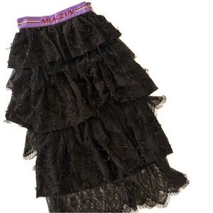 Mukzin Womens Small Black Tulle Mesh Midi Skirt Ruffled